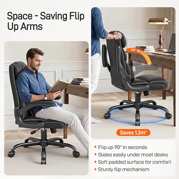 Office Chair, Executive Mid-Back Computer Desk Chair with Flip-up Armrests | 300 Lbs Ergonomic Leather Swivel PC Chair with Rock Function for Working Studying (Black) - Image 4
