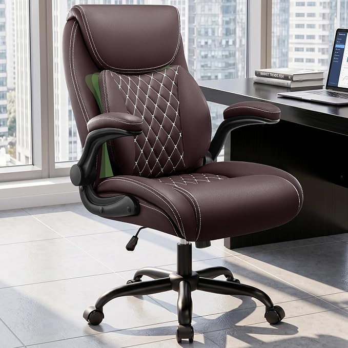 Office Chair, Ergonomic Executive Desk Chair with Lumbar Support for Lower Back Pain Relief, Padded Flip-Up Armrests, Leather Home Office Chair, Coffee by StellaMia