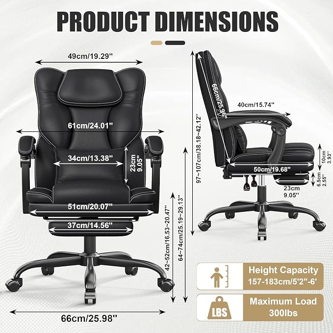 Ergonomic Office Chair with Footrest, Reclining Executive Computer Chair | 90°-155°Locking Tilt, 300lb Desk Gaming Chair with Lumbar Support, Comfy Leather PC Chair, 360° Rolling Swivel & Height Black - Image 3