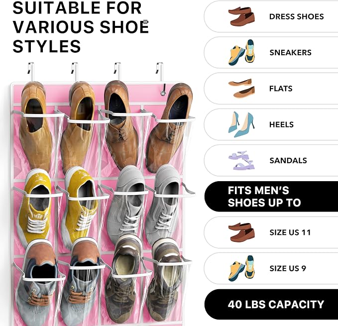 Simple Houseware 24 Pockets Large Clear Over the Door Shoe Organizer, Pink | 56" x 22.5", 4 Durable Metal Hooks, 5" x 9" Pocket Size, Multipurpose - Image 3
