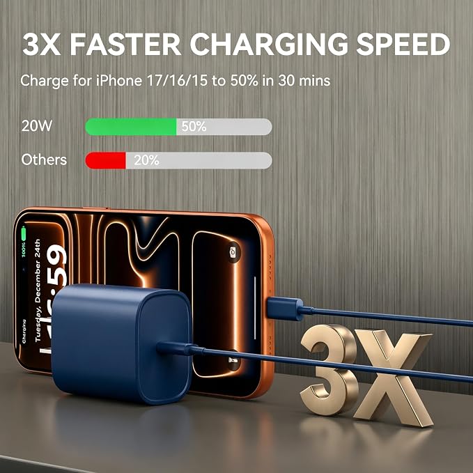 Phone 17 16 15 Charger Fast Charging, 10 FT Long USB C Charger Cord with 20W Type C Fast Phone Charging Block forPhone 17/17 Pro/17 Pro max/Air/Phone 16 15 Pro Max Plus, Android,Dark Blue - Image 2