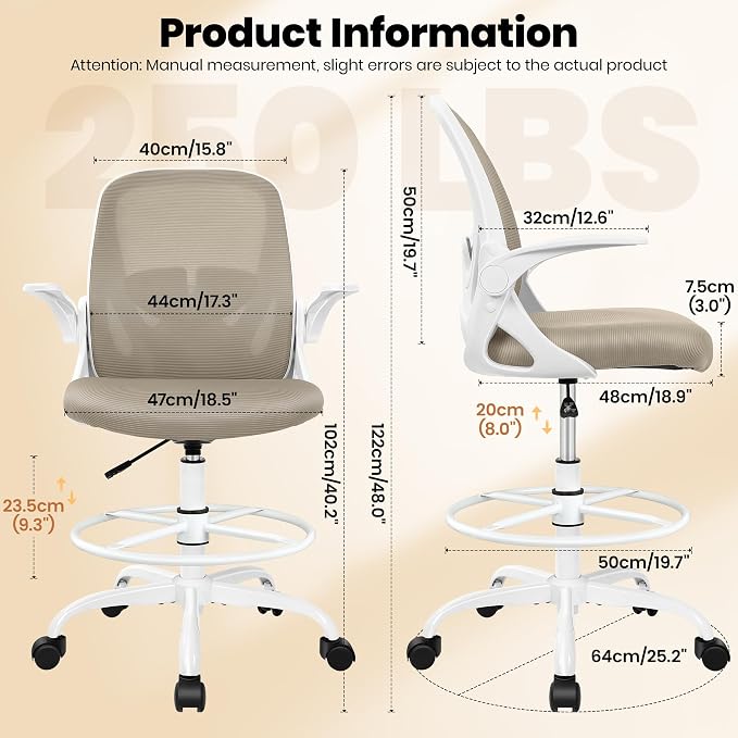 Drafting Chair Tall Office Chair with Flip-up Armrests Executive Ergonomic Computer Standing Desk Chair with Lumbar Support and Adjustable Footrest Ring（Khaki） - Image 3
