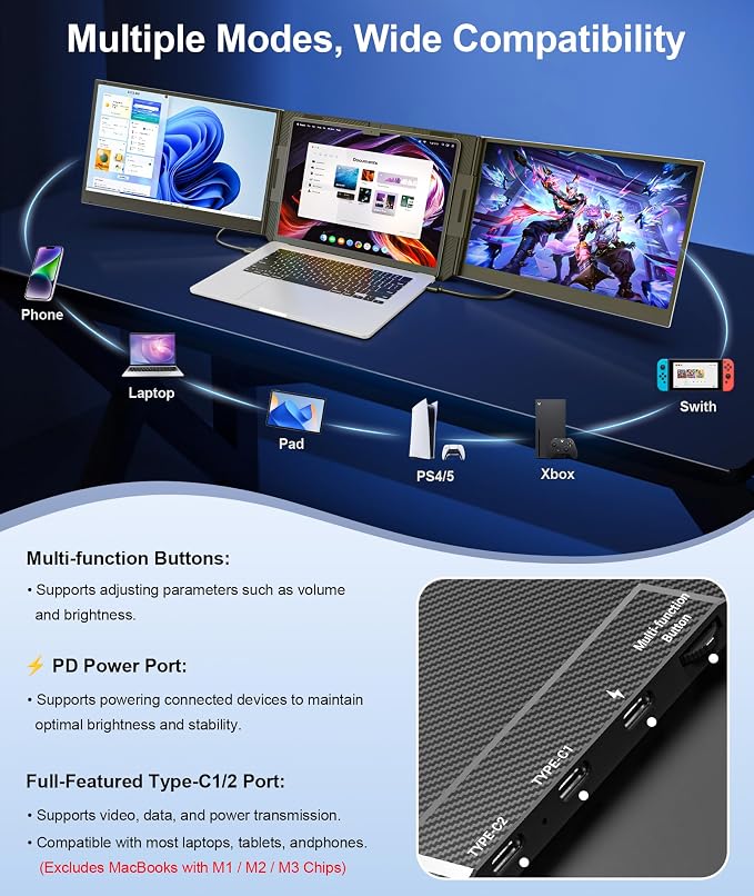 15.6" Laptop Screen Extender, FHD 1080P IPS Triple Portable Monitor | Fits 12"–17.3" Laptops, Ultra-Slim Travel Monitor, USB-C & HDMI Plug & Play, Compatible with Windows/Mac/Android - Image 5