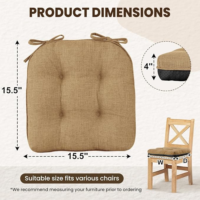 downluxe Indoor Chair Cushions for Dining Chairs, Tufted Overstuffed Textured Kitchen Chair Pads with Ties and Non-Slip Backing, 15.5" x 15.5" x 4", Taupe, 4 Pack - Image 2