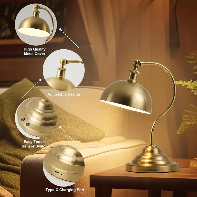 KARTOOSH Cordless LED Table Lamp, Battery Operated Desk Lamps with Swing Arm & Plastic Shade, Vintage Small Rechargeable Dimmable Light for Bedroom, Living Room, Nightstand, Brass - Image 7