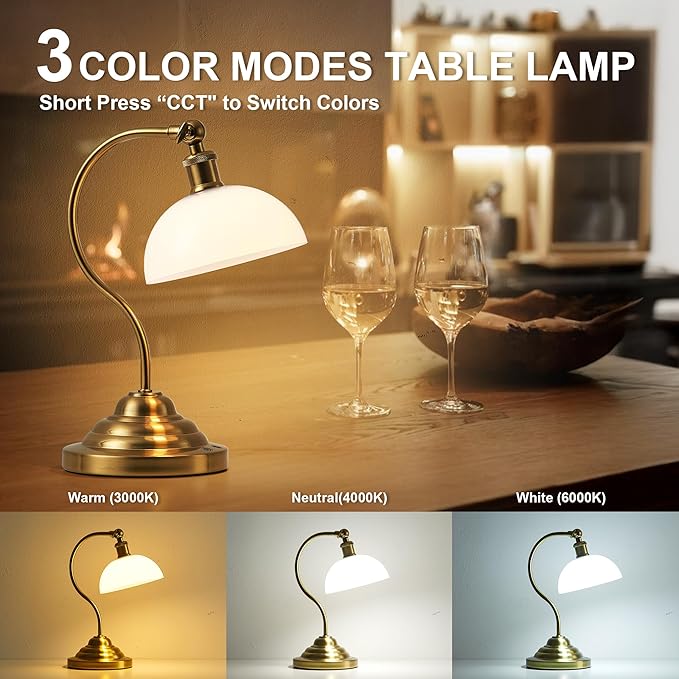 KARTOOSH Cordless LED Table Lamp Set of 2, Battery Operated Desk Lamps with Swing Arm & Plastic Shade, Vintage Small Rechargeable Dimmable Light for Bedroom, Living Room, Nightstand, Brass/White - Image 3