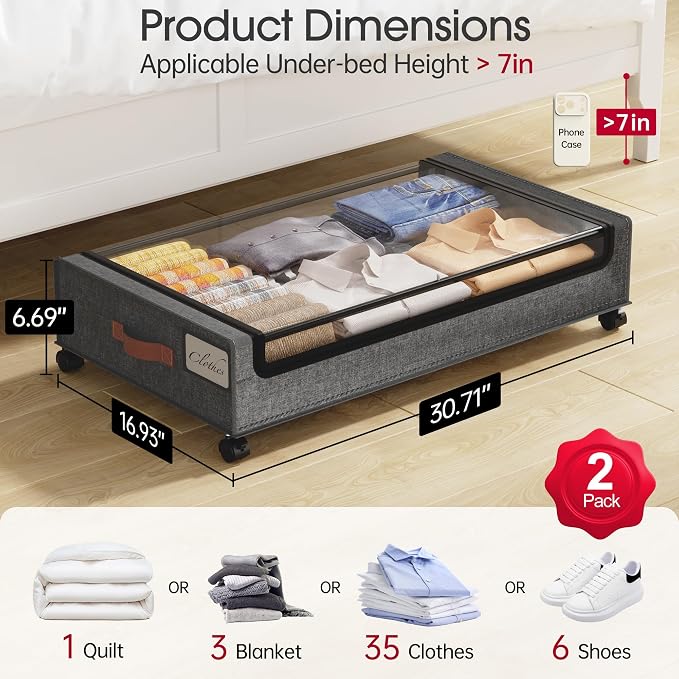 Yecaye Under Bed Storage with Wheels, 2Pack Under Bed Storage Containers, Underbed Shoe Storage Organizer, Rolling Under Bed Metal Drawers for Clothes, Blankets(30.71 x 16.93 x 6.69 in) (Pack of 2) - Image 2