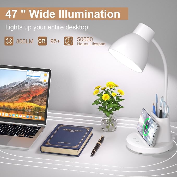 10W Wireless Charging LED Desk Lamp with Pen Holder, CRI 95, White | 800LM, 3 Modes, 360°Flexible Arm, Touch, Brightness, Table Lamp for Home Office, Dorm, Bedside, Study, Reading, with Adapter - Image 7
