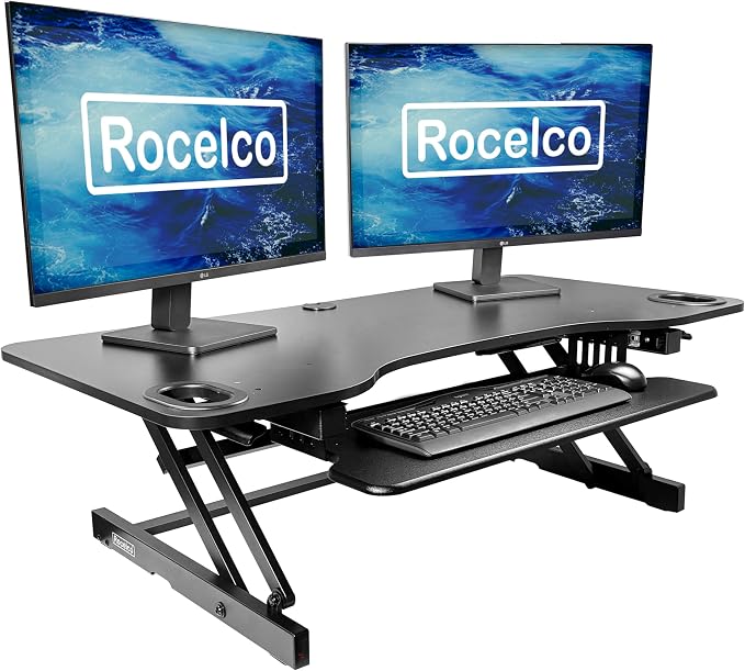 Rocelco 45" Height Adjustable Standing Desk Converter - Slide Out Retractable Keyboard Tray - Sit Stand Up Triple Monitor Riser - Dual Piston Lift Tabletop Computer Workstation - Black (R ADRB-45) by Rocelco
