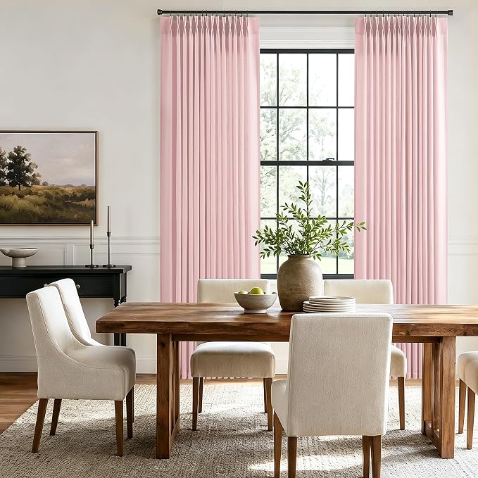 Hokibero Pink Pinch Pleated Linen Curtains 108 Inch Long for Living Room | Light Filtering Semi Sheer Curtain,Back Tab Hooks Rings,Modern Farmhouse Textured Privacy Drapes for Bedroom Window,2 Panels - Image 3