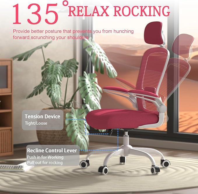 Mimoglad Office Chair, High Back Ergonomic Desk Chair with Adjustable Lumbar Support and Headrest, Swivel Task Chair with flip-up Armrests for Guitar Playing, 5 Years Warranty - Image 6