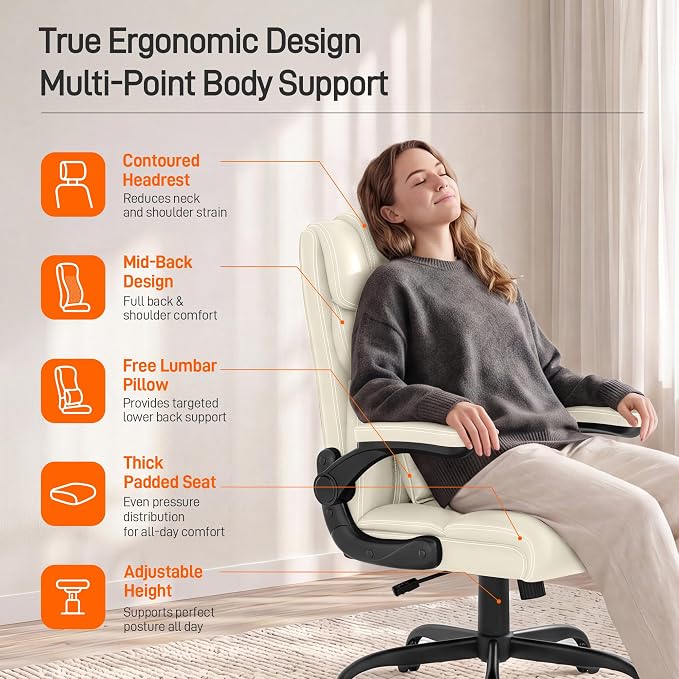 Office Chair, Executive Mid-Back Computer Desk Chair with Flip-up Armrests | 300 Lbs Ergonomic Leather Swivel PC Chair with Rock Function for Working Studying (Creamy White) - Image 5