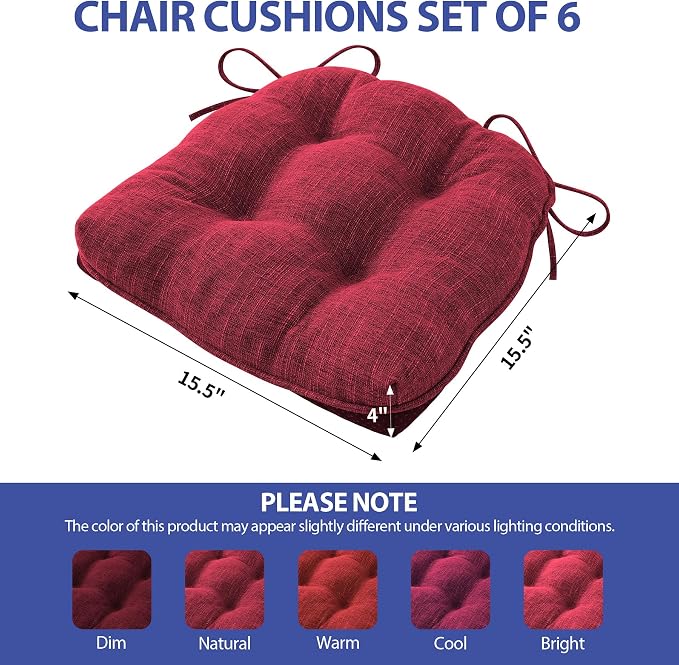 IPYNBAP Chair Cushions for Dining Chairs Set of 6, Red Kitchen Chair Cushions, Chair Pads with Ties and Non Slip Backing, Christmas Room Decor, Tufted Memory Foam Seat Cushion 6 Pack, 15.5"x15.5"x4" - Image 3
