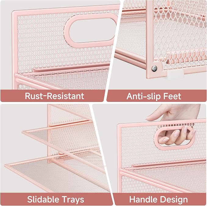 Pink Paper Organizer for Desk with Handle, 6-Tier | Metal Mesh File Organizer, Stackable Desktop Organizer for Office Supplies & Stationery Storage - Image 3