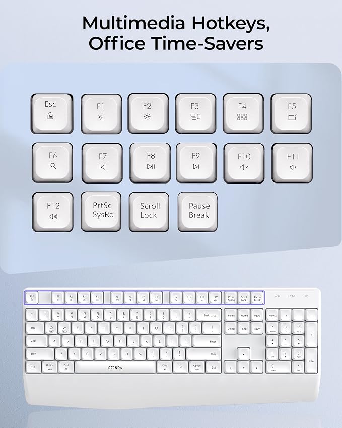 seenda COE200 Wireless Bluetooth Keyboard and Mouse Combo with Wrist Rest | USB/Bluetooth multi-device switching, quiet clicks, full-size ergonomic set for PC, laptop, Mac, and MacBook, White - Image 9