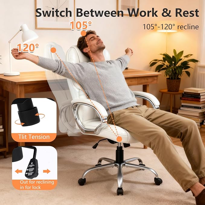 FDW Office Chair Computer High Back Adjustable Ergonomic Desk Chair Executive PU Leather Swivel Task Chair with Armrests Lumbar Support (Beige) - Image 4