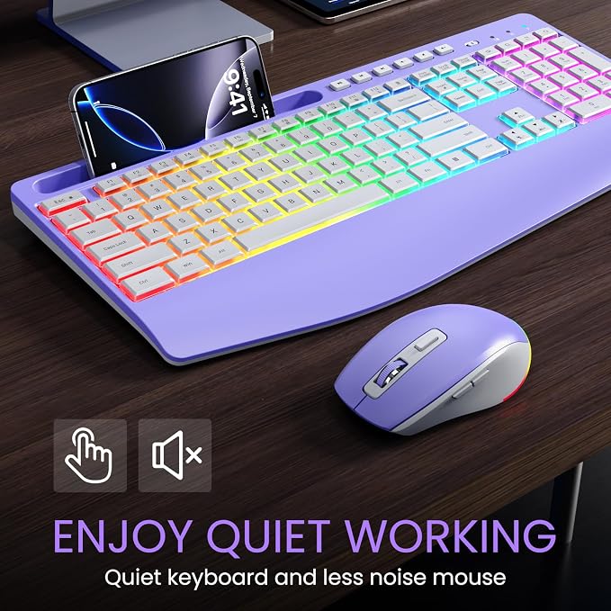 Wireless Keyboard and Mouse Combo- VEILZOR 2.4G Rechargeable Keyboard with Phone Holder, Ergonomic Wrist Rest, 9 RGB Backlit Effects, Silent Keyboard Mouse Set for Windows, Laptop, PC | 2.4G Wireless Light Up Keyboard Set, Phone Holder, Wrist Rest, 9 R... - Image 7