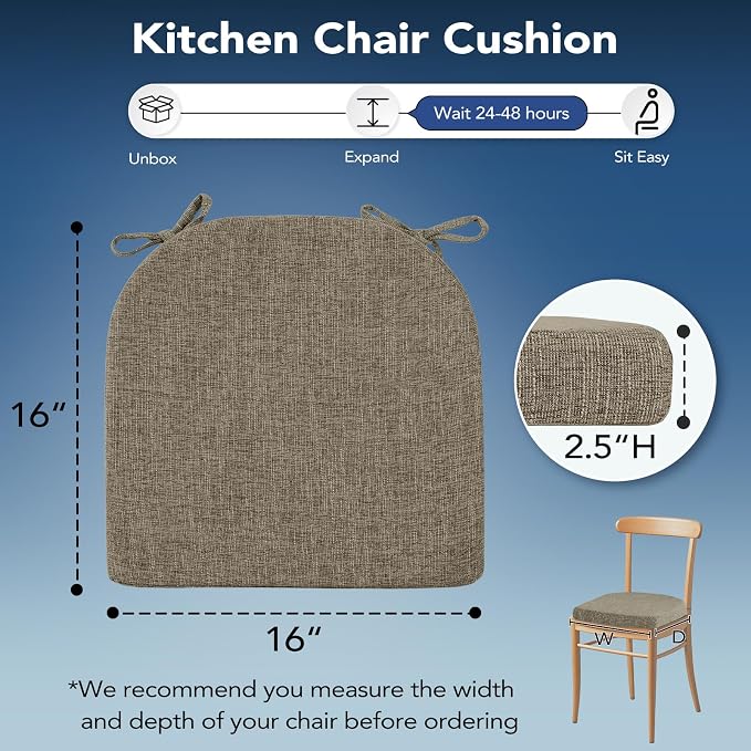 Chair Cushions for Dining Chairs, Non Slip Chair Pads with Ties and Washable Covers, Memory Foam Kitchen Chair Cushions Set of 6, 16"X16"X2.5", Khaki - Image 2