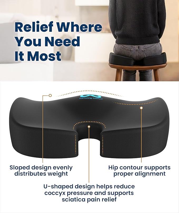 Everlasting Comfort Doctor Recommended Memory Foam Seat Cushion for Office Chairs & Car - Ergonomic Office Desk Accessories - Cushions for Tailbone Pain Relief, Sciatica (Black, Large) - Image 3