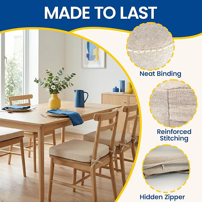 kingphenix Chair Cushions for Dining Chairs, Set of 4, 2.5 Inches Thick | High-Density Foam Kitchen Chair Cushions with Ties, Non-Slip Bottom and Removable Machine-Washable Covers, 17 x 16 in, Beige - Image 5