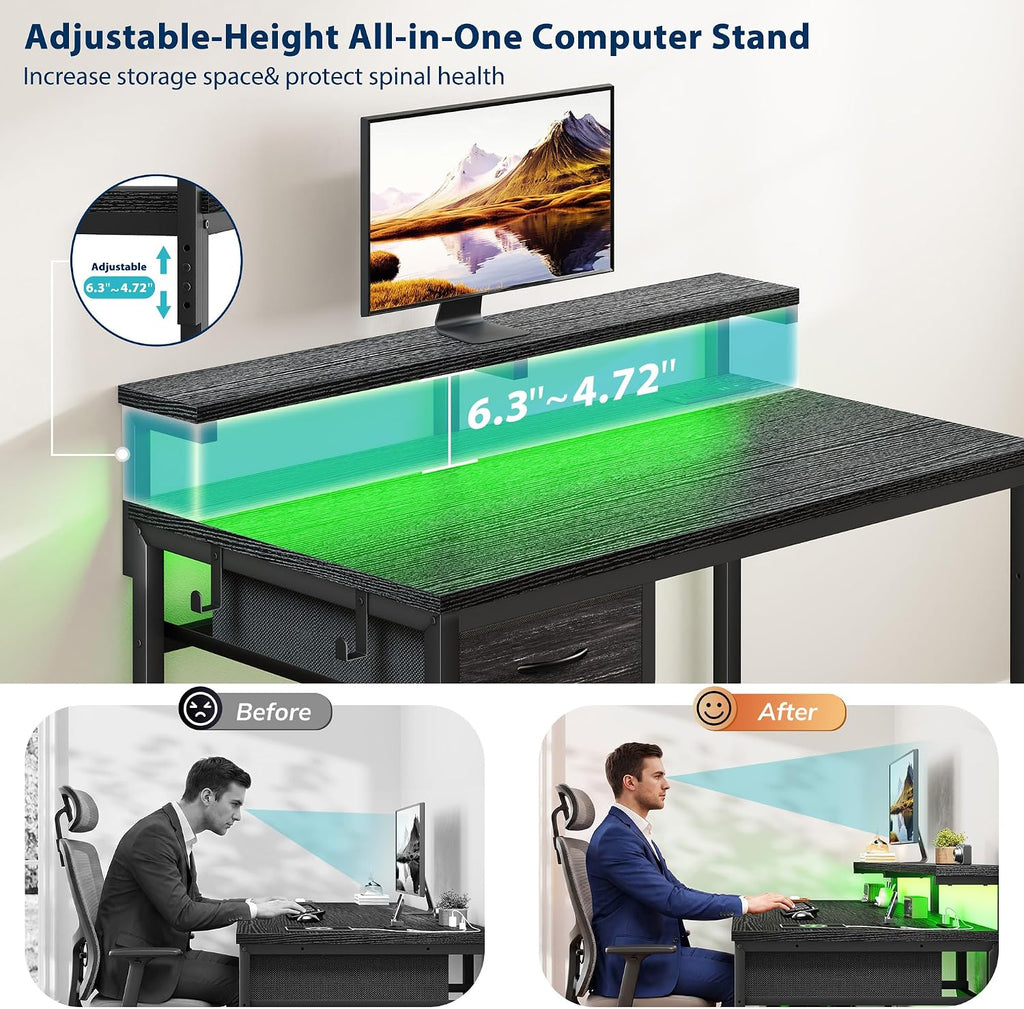 32" Gaming Desk with Power Outlet and LED Lights,Bedroom,Black - Image 6