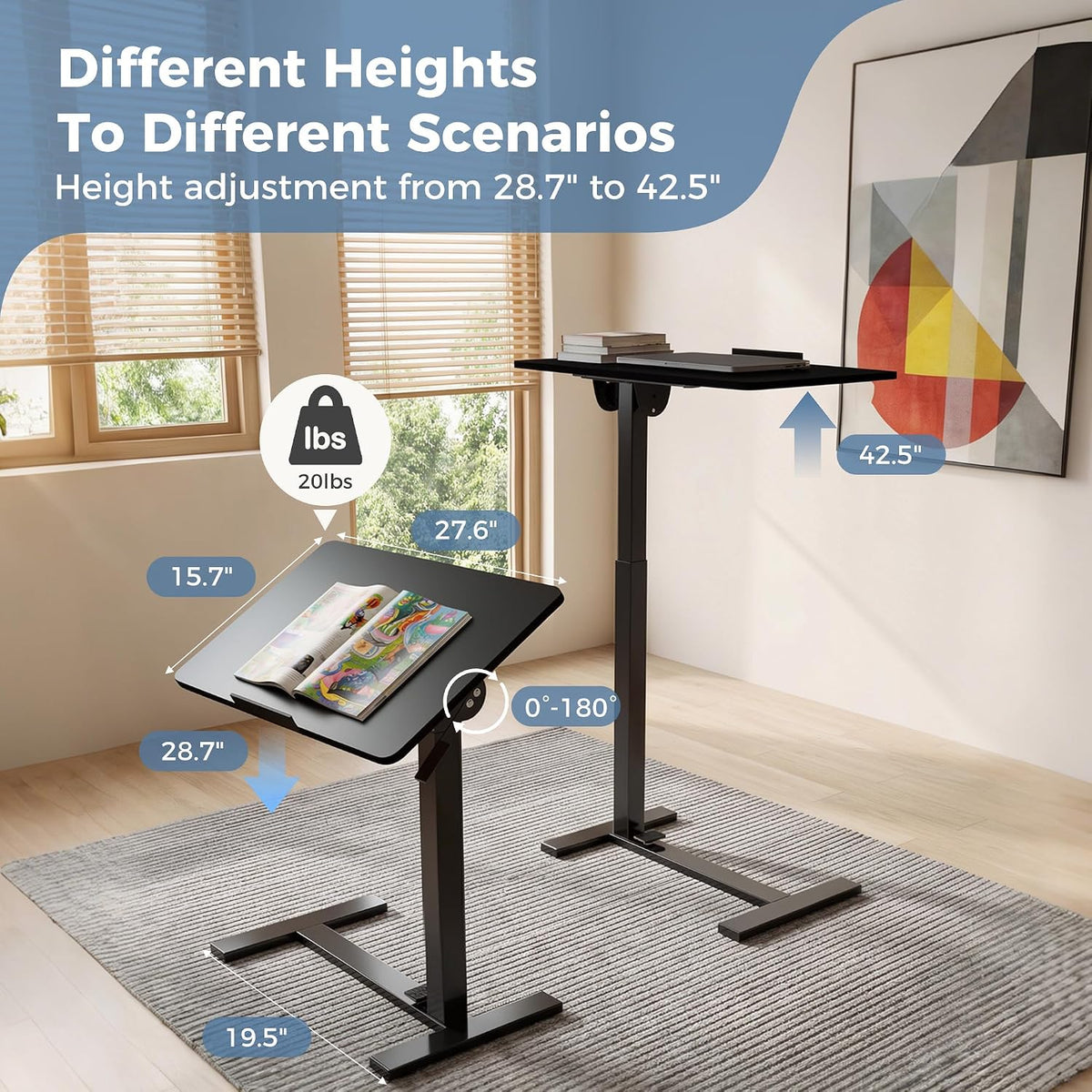 DUMOS Overbed Table with Wheels, Height-Adjustable Bedside Table, Black - Image 3