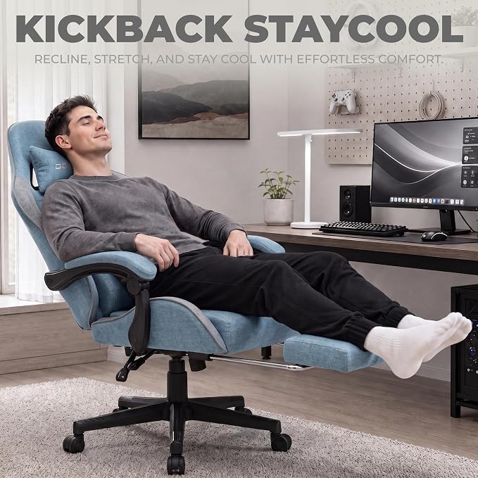 Dowinx Gaming Chair Fabric with Pocket Spring Cushion, Massage Game Chair Cloth with Headrest, Ergonomic Computer Chair with Footrest 290LBS, Blue and Grey - Image 4