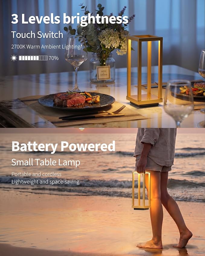 PUSU Cordless Waterproof Table Lamps Set of 2, Gold LED Outdoor Desk Lamp | Rechargeable 4000mAh Battery Operated, 2700K 3-Level Dimmable, Portable Lighting for Patio, Camping, Bedroom, Night Light - Image 4