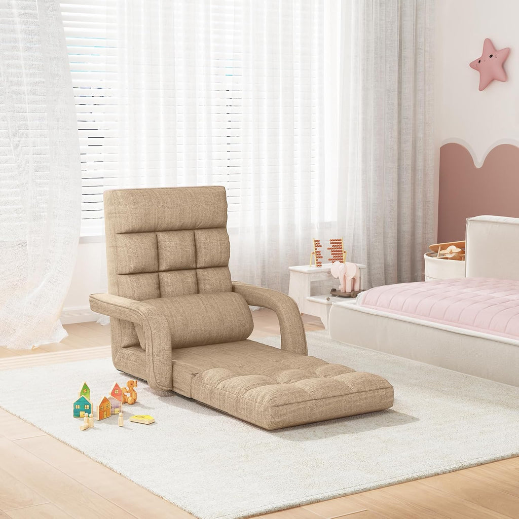 Floor Gaming Chair for Adults, 6-Position Adjustable Chaise Lounge Chair with Meditation Arm, Foldable Lazy Sofa with Pillow, Comfy Chair Indoor for Bedroom Dorm Living Room, Beige - Image 4