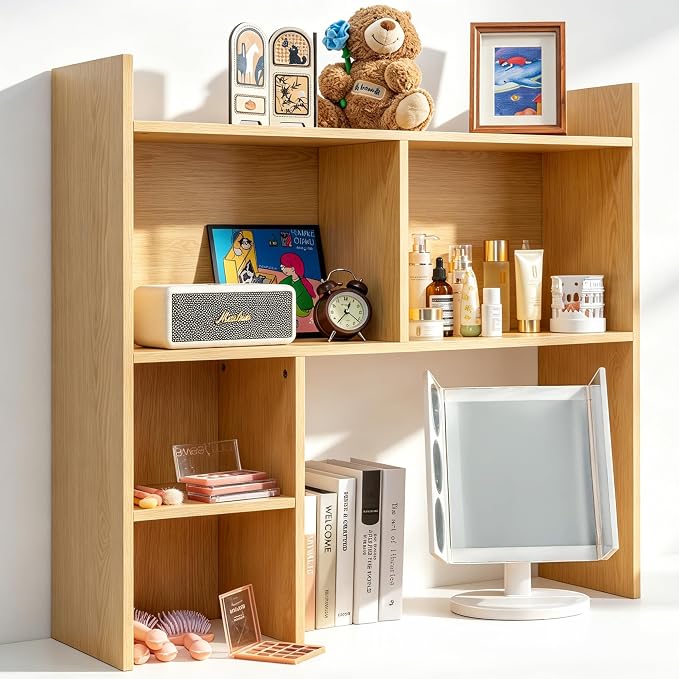 deli Desktop Shelf, Desk Hutch with 5 Shelves for Computer Desk, Natural | 3-Tier Desktop Display Rack, Multipurpose Wood Desktop Bookshelf Storage Organizer for Dorm Office Home by delioffice
