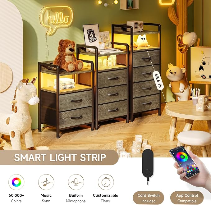 Lazzanto Nightstand with Rear Charging Station, LED Light, 4 Drawers, Grey | Industrial Nightstand, 2 USB-A Ports & AC Outlets, Raised Back Guard, Fabric Storage Drawers, Bedside Table for Bedroom, Dorm - Image 5