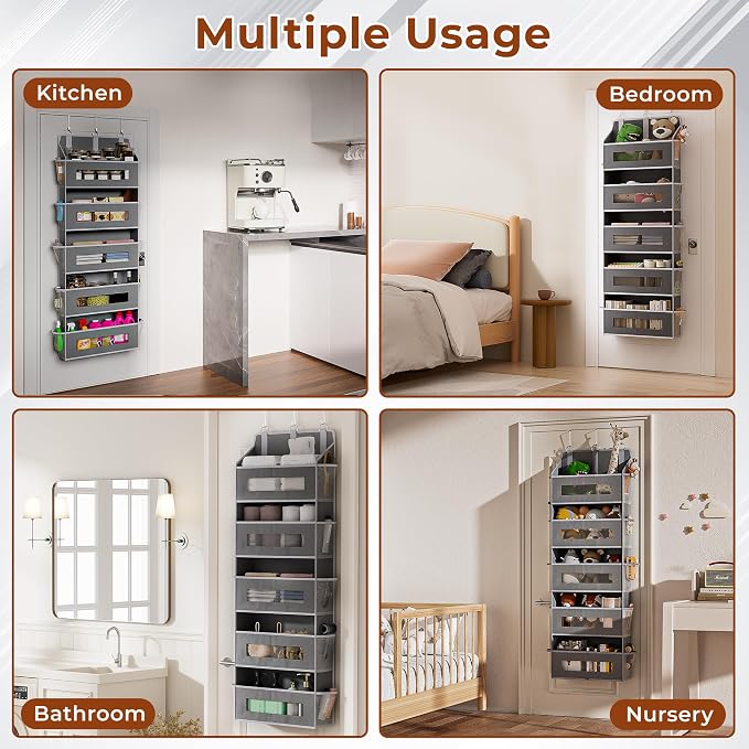 5 Tier Over the Door Organizer Space-Saving Storage for Any Room | Grey Hanging Closet Organizer with 10 Mesh Pockets and Clear Windows, Closet Organizers and Storage for Bathroom, Bedroom - Image 7