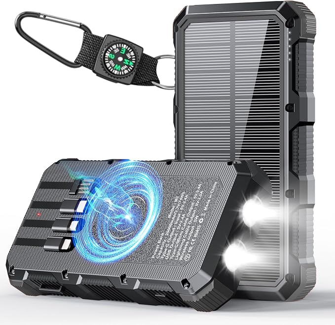 Solar Charger Power Bank 20000mAh Wireless Charger QC 3.0 Fast Charging Power Bank 8 Outputs 4 Inputs Solar Portable Charger Compatible with All Mobile Devices,SOS/Strobe/Strong Flashlights (black) by Fmooo