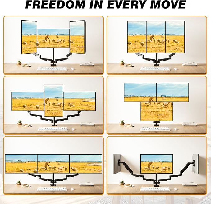 Triple Monitor Stand & Monitor Arm Desk Mount up to 32 Inches | Fully Adjustable Heavy Duty Monitor Mount for 3 Screens, Ergonomic VESA Mount with C-Clamp/Grommet Base, Cable Management - Image 6