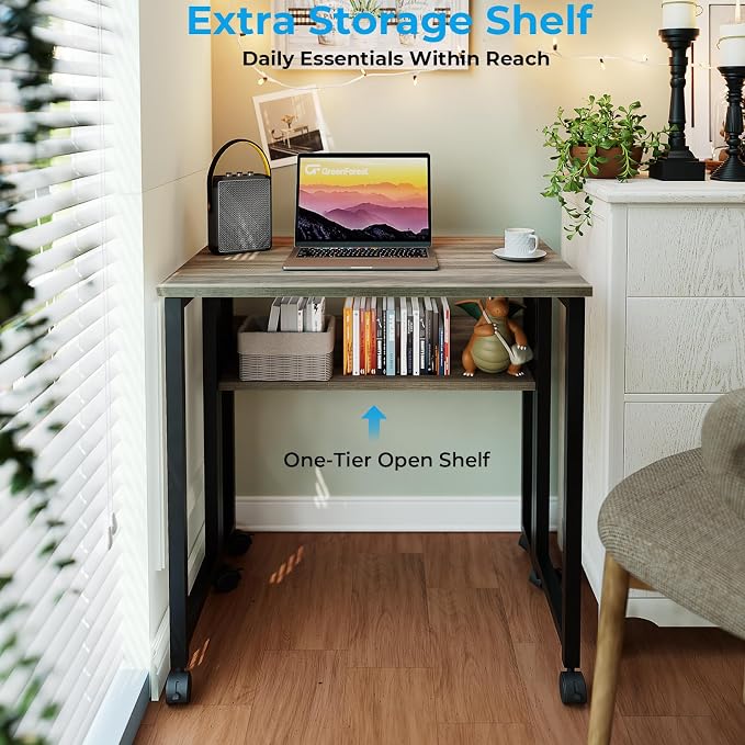 GreenForest Folding Desk with Wheels, 31.5" Rolling Table for Small Spaces | Storage Shelf, Lockable Casters, Compact Portable Workstation, Space-Saving Foldable Sofa Table, Home Office, Mobile, Grey - Image 5
