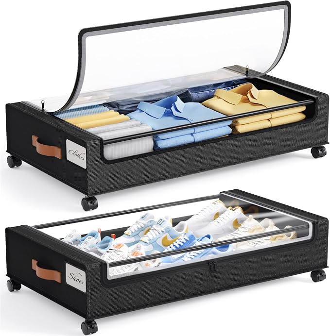 Yecaye Under Bed Storage with Wheels 60L, 2 Pack Under Bed Storage Containers, Underbed Shoe Storage with Clear Window & Label, Rolling Under Bed Metal Drawer for Clothes, Shoes, Books, Black by Yecaye