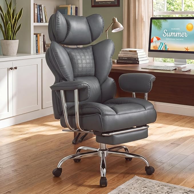 DUMOS Big and Tall Home Office Desk Chair, Executive Chair with Footrest | Scratch-Resistant PU Leather, Ergonomic Reclining, Pocket Spring Support, 400 LBS Weight Capacity, Grey - Image 2