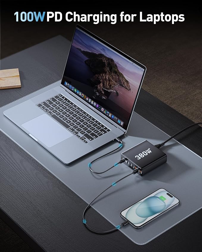380W USB C Charger Block with 4 USB Cables Dual 100W Charging Station | 8-Port USB C Charging Station Laptop Charger Fast Type C Charging Block for MacBook Pro - Image 3