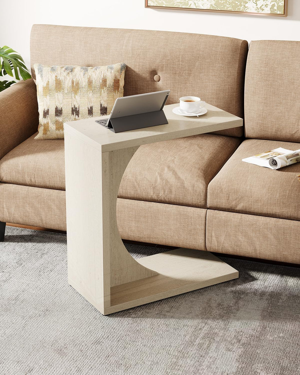 Tribesigns C-Shaped End Table for Couch, Sofa Side Table, C Table for Small Space, Living Room, Bedroom (2, Beige) - Image 3