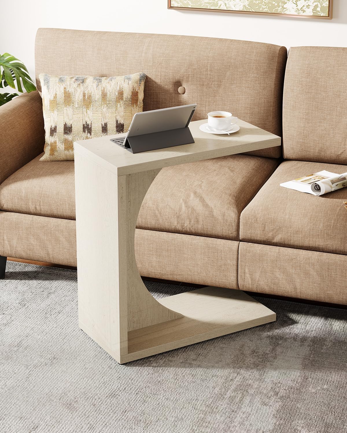 Tribesigns C-Shaped End Table for Couch, Sofa Side Table, C Table for Small Space, Living Room, Bedroom (2, Beige) - Image 3
