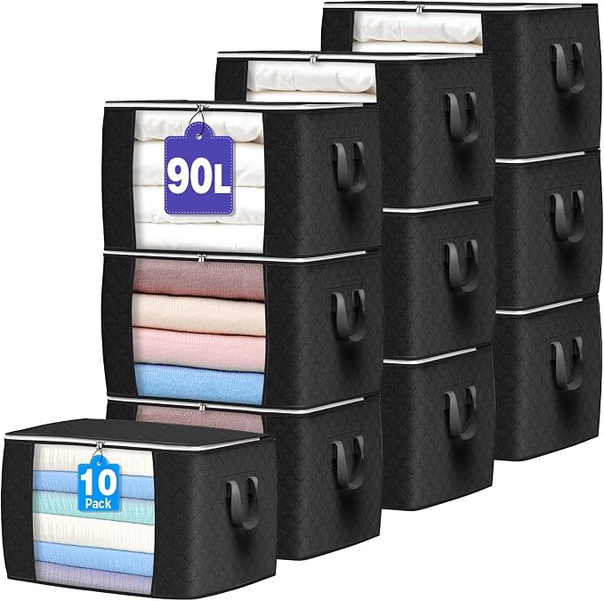 90L Large Storage Bags, 10 Pack Clothes Storage Bins Closet Organizers | Foldable Storage Containers, with Reinforced Handle, for Clothing, Blanket, Comforters, Bed Sheets, Pillows and Toys by BuddingJoy-BuildaJoyfulLifeforYou