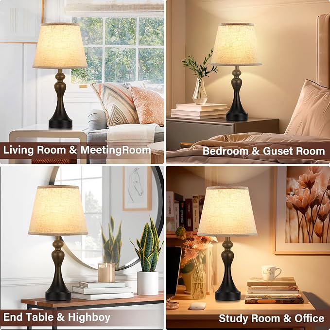 Touch Lamps for Nightstand, 3 Way Dimmable Bedside Lamps with USB C+A Ports | Touch Control, LED Bulb Included, Small Black Table Lamp for Bedroom, Night Stands, End Table, Gift，Corded，Beige Shade - Image 3