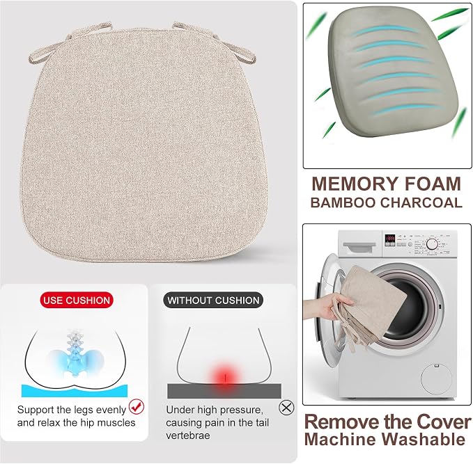 SINOSSO 4 Pack Memory Foam Chair Cushions for Dining Chairs, Friendly Woven Fabric 16" U-Shape Comfortable Kitchen Chair Pads, Removable Slip Resistant Seat Cushions (Set of 4, Oatmeal Beige) - Image 6