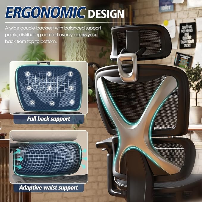 Ergonomic Office Chair, Big and Tall Mesh Chair with Lumbar Support, 3D armrest - 215° Rotation, Adjustable Headrest & Soft Seat, Durable Computer Chair 350LBS for Work Gaming - Image 4