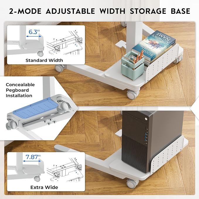 BONTEC Mobile Standing Desk, Adjustable Height, 23.6 x 20.5 Inch, White | Rolling Laptop Cart with Storage Shelf and Hooks, Portable Workstation with Pneumatic Lift, Ergonomic Compact Home Office Use - Image 5