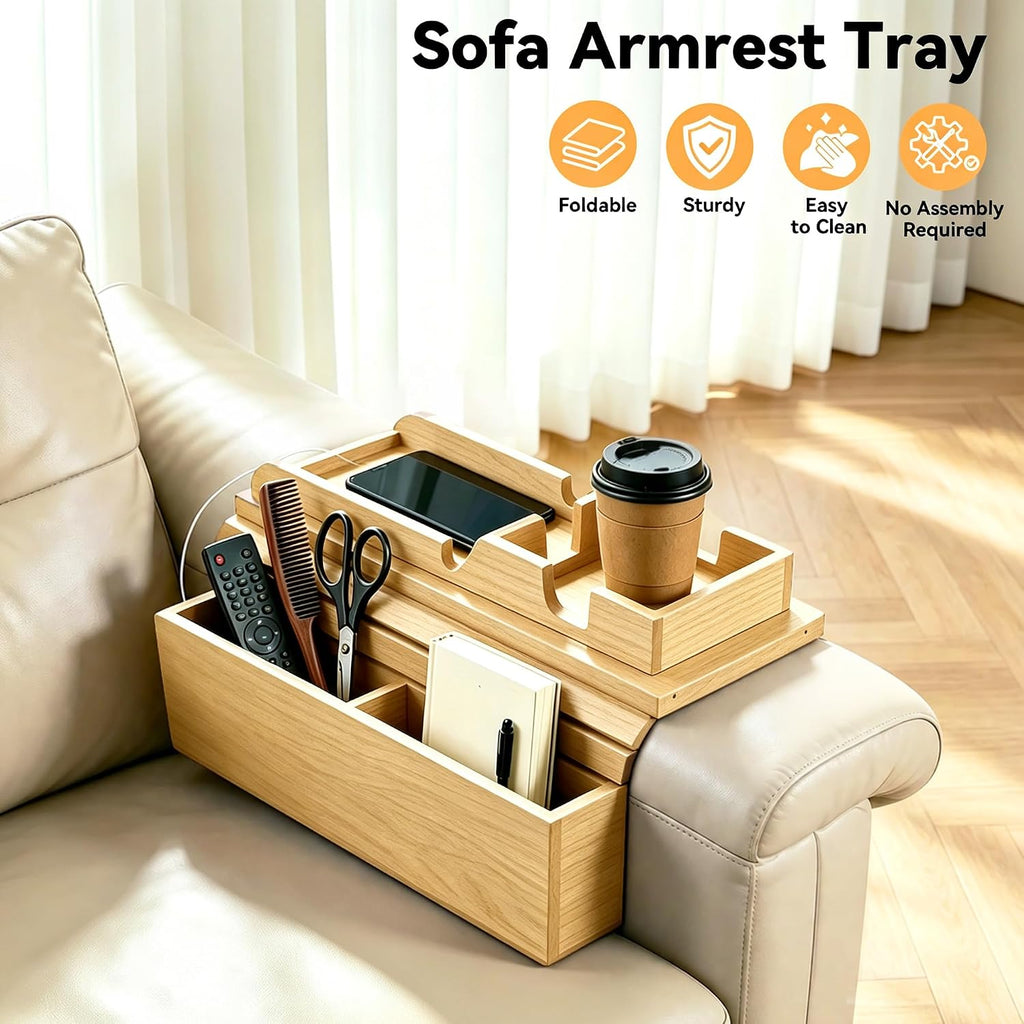 Couch Arm Tray,Foldable Sofa Caddy with Cup Holder,Natural - Image 7
