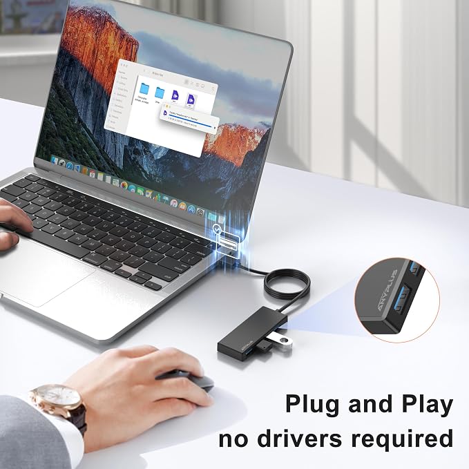 USB Hub, Multiport USB Splitter Adapter, 2 ft Long Cable USB 3.0 Hub, USB Extender for Laptop, PC, iMac, Surface Pro, MacBook, Mac Pro, Flash Drive, XPS, Mouse, HDD, Black, HJ-Black-0.5M-001 - Image 5