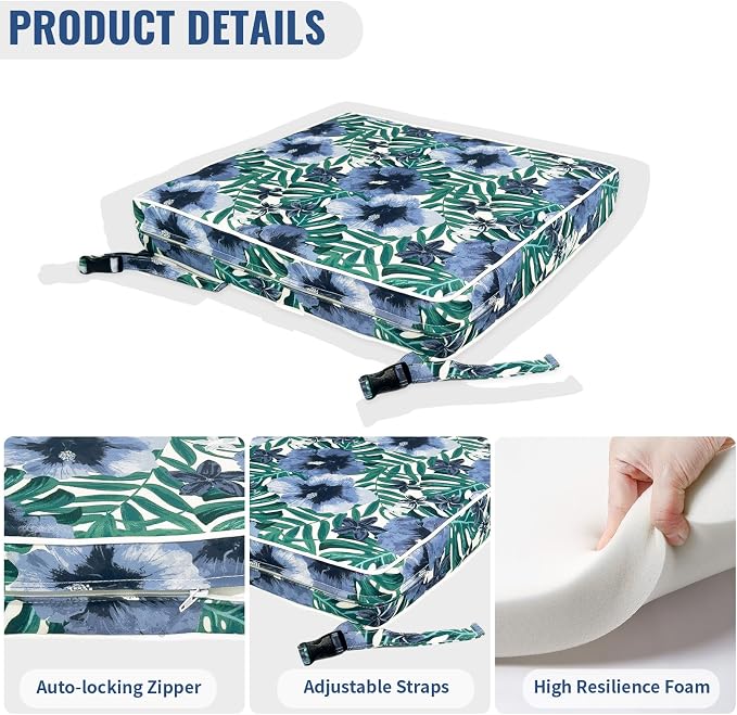 Patio Chair Cushions 19 x 19 x 3 Inch, Outdoor Cushions for Patio Furniture, Water Repellent Outdoor Seat Cushions with Straps Garden Sofa Couch Pads, Set of 2,Blue Salmone Tropical - Image 4