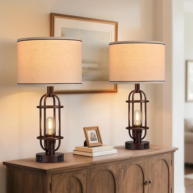 Reaketon Living Room Lamps Set of 2, 22.3" Farmhouse Table Lamp for Bedroom, Vintage Lamps for Night Stands with USB Ports, Oil Rubbed Bronze - Image 4