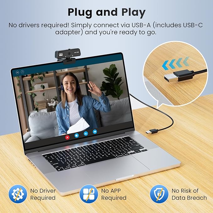 4K Webcam for PC & Mac with USB-C Adapter, 90° Wide-Angle Computer Camera with Microphone, Auto Light Correction, 360° Rotating Plug-and-Play Webcam for Zoom and Teams - Image 5
